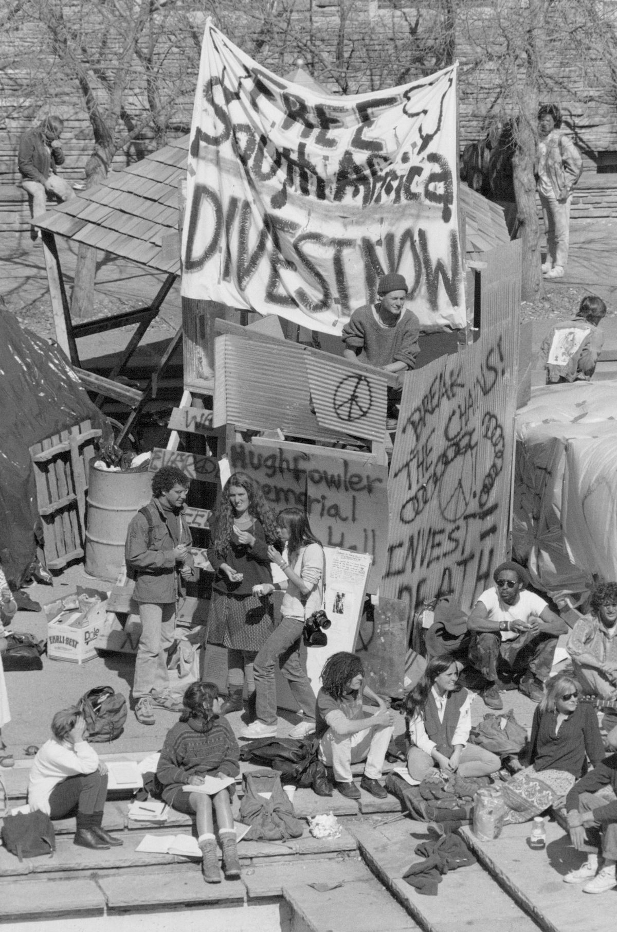 Anti-apartheid campaigners call for divestment from South Africa at protest at the University of Colorado Boulder on April 24, 1988.