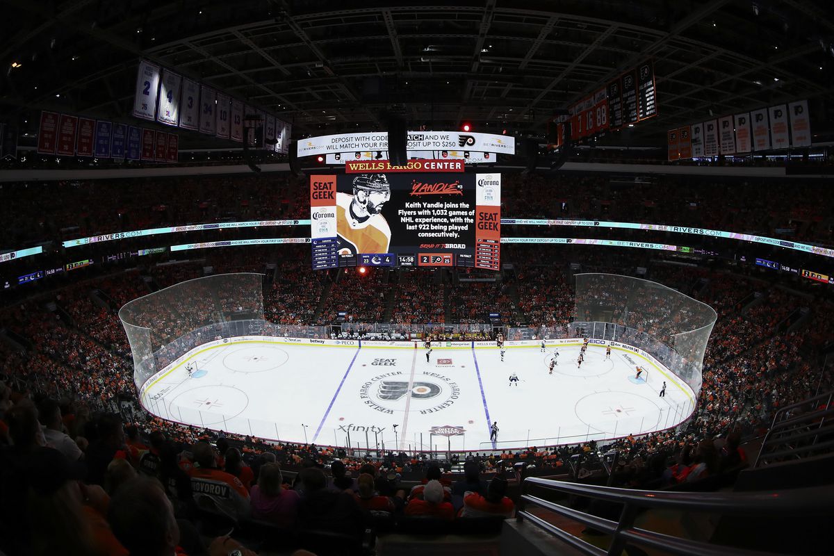 A general view during a game between the Vancouver Canucks and Philadelphia Flyers at Wells Fargo Center on October 15, 2021 in Philadelphia, Pennsylvania.