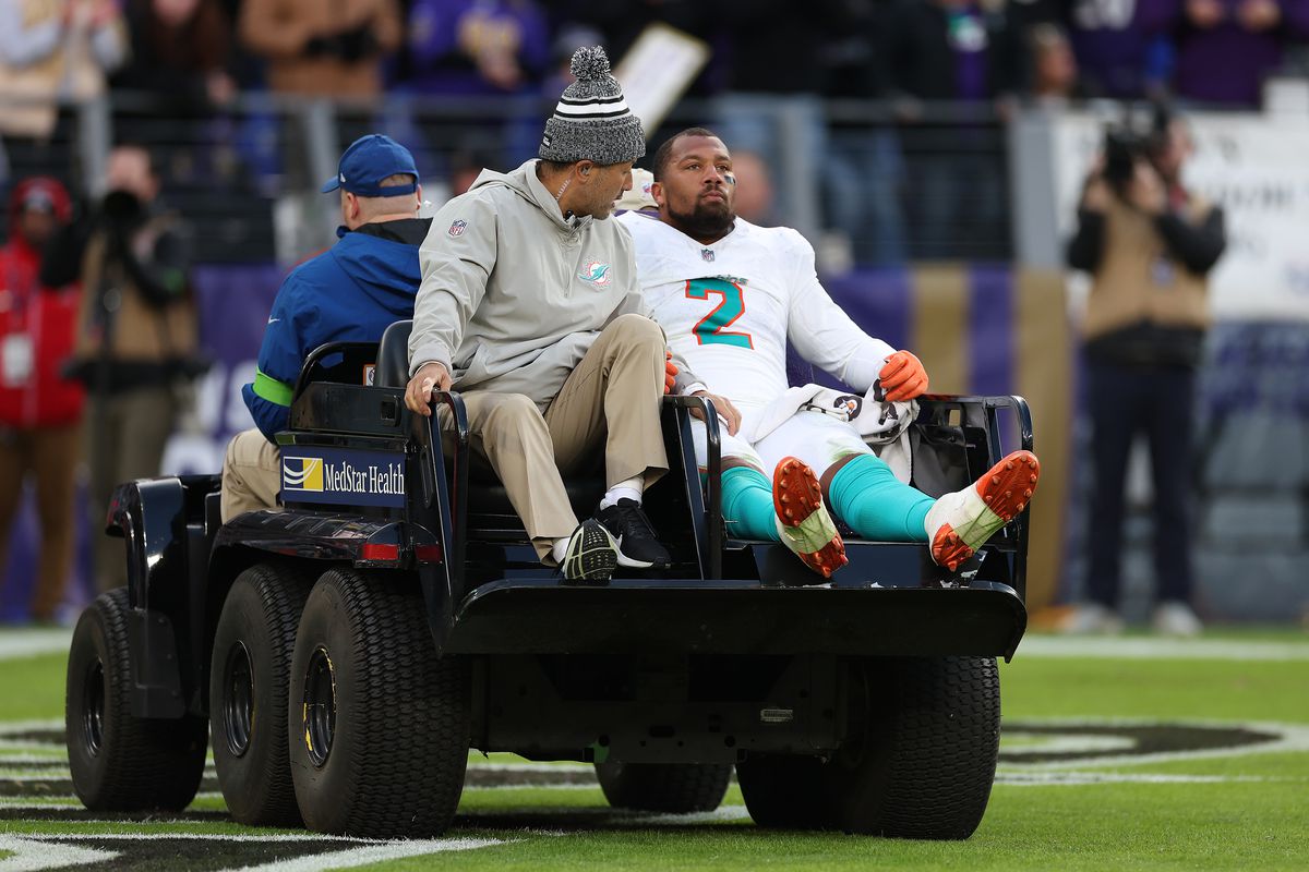 Bradley Chubb #2 of the Miami Dolphins leaves the field with an injury during the second half of the game against the Baltimore Ravens at M&amp;T Bank Stadium on December 31, 2023 in Baltimore, Maryland.