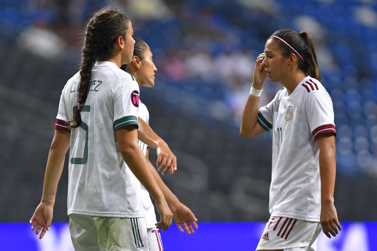 Players of Mexico react during the match between Haiti and Mexico as part of the 2022 Concacaf W Championship at BBVA Stadium on July 7, 2022 in Monterrey, Mexico.