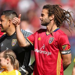 Real Salt Lake midfielder Kyle Beckerman (5) gives a thumbs up prior to the game in Sandy on Saturday, March 12, 2016. Real won 2-1. 