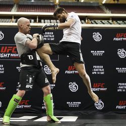 Carlos Condit takes flight at the UFC on FOX 29 open workouts Wednesday inside Gila Rivera Arena in Glendale, Ariz.