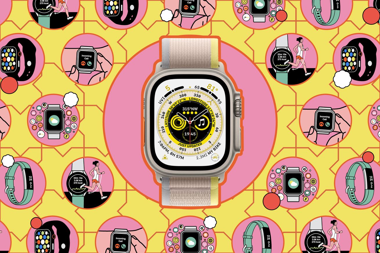 Apple Watch Ultra on top of a colorful illustrations of different fitness trackers