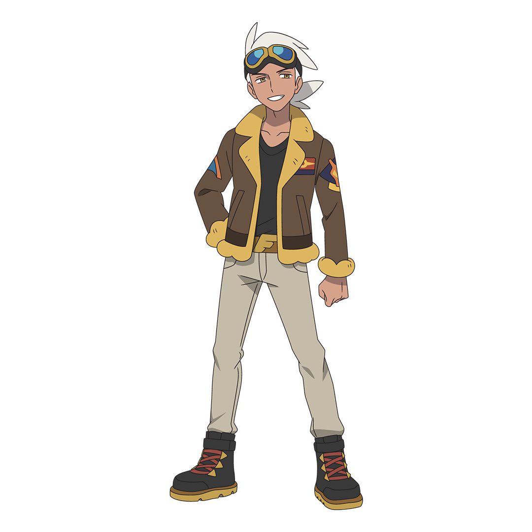 An illustration of Friede from the Pokémon animated series. He’s wearing flight goggles, a leather flight jacket, and heavy boots.