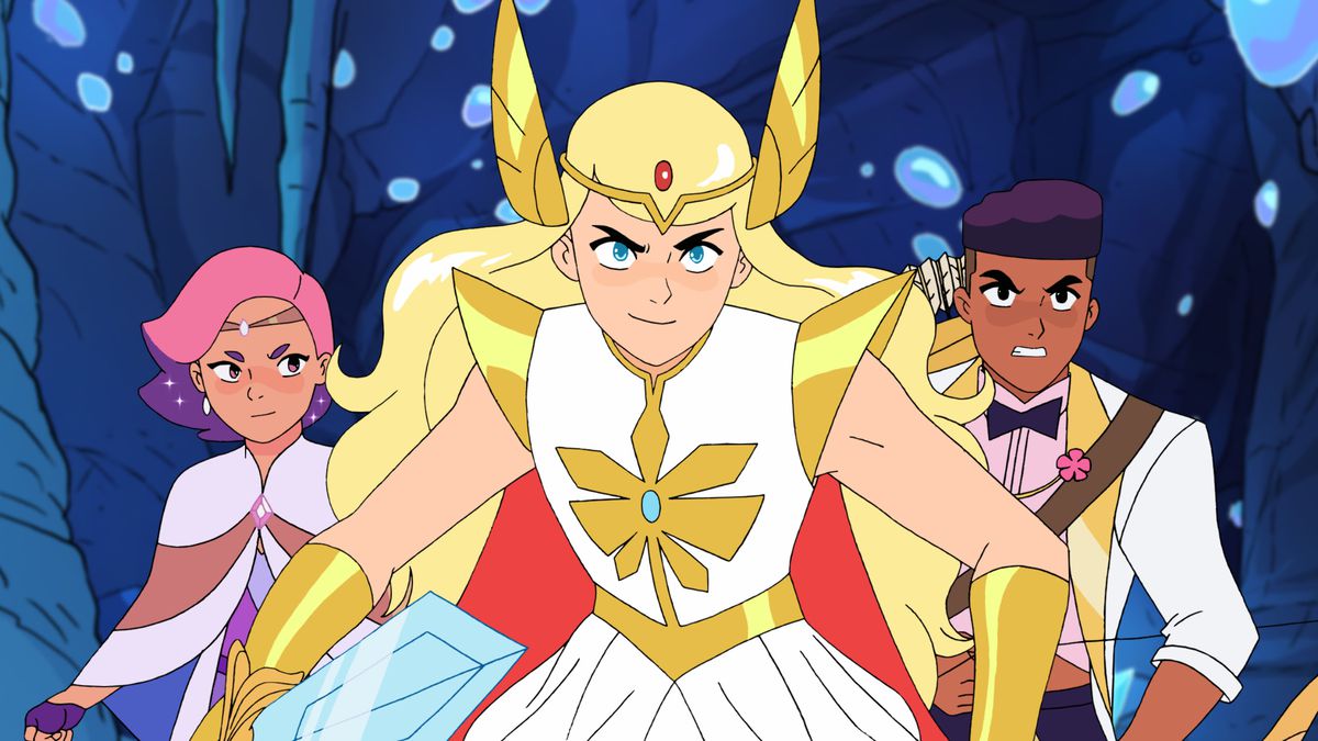 glimmer, adora, and bow gear up for battle in she-ra