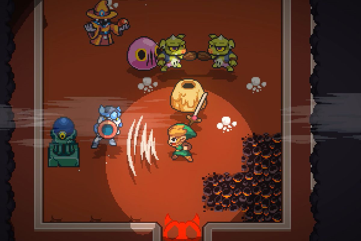 Link fighting enemies in a dungeon in Cadence of Hyrule: Crypt of the NecroDancer featuring The Legend of Zelda
