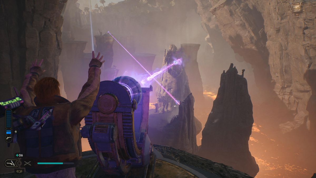 Cal Kestis points a purple laser at purple rock in Star Wars Jedi Survivor.