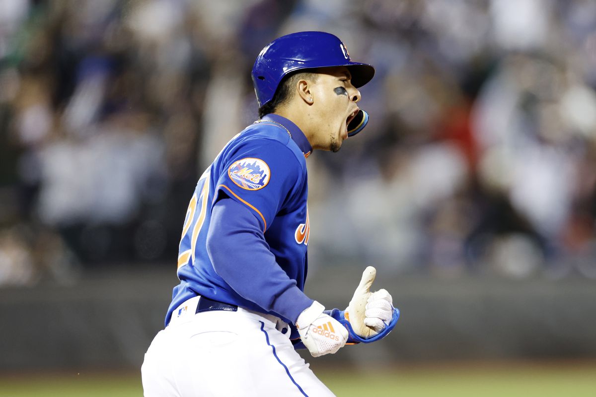 Mark Vientos of the New York Mets reacts after hitting a game-tying two-run home run during the seventh inning against the Tampa Bay Rays at Citi Field on May 17, 2023 in the Flushing neighborhood of the Queens borough of New York City.