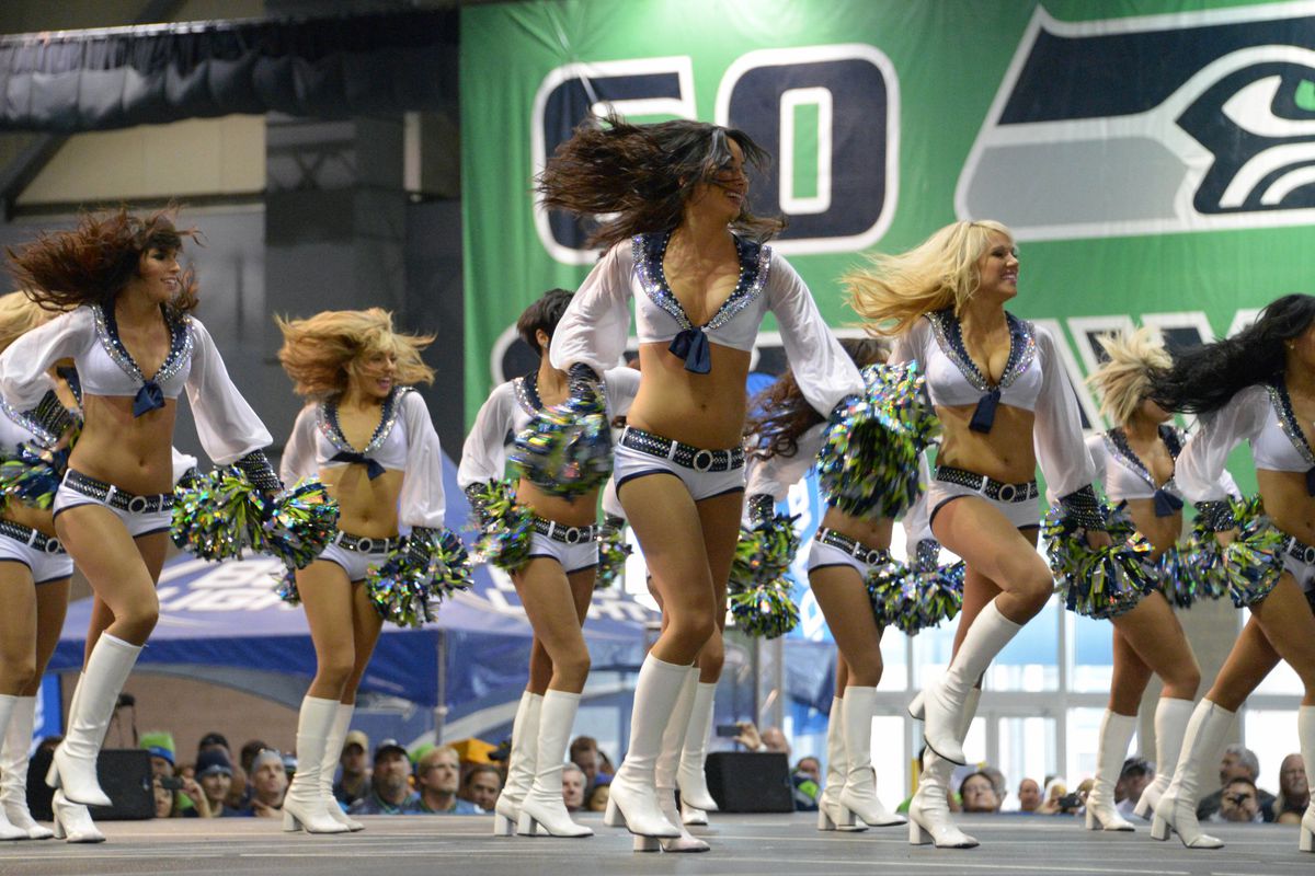 Sep 24, 2012; Seattle, WA, USA; Seattle Seahawks sea gals cheerleaders perform before the game against the Green Bay Packers at CenturyLink Field. Mandatory Credit: Kirby Lee/Image of Sport-US PRESSWIRE
