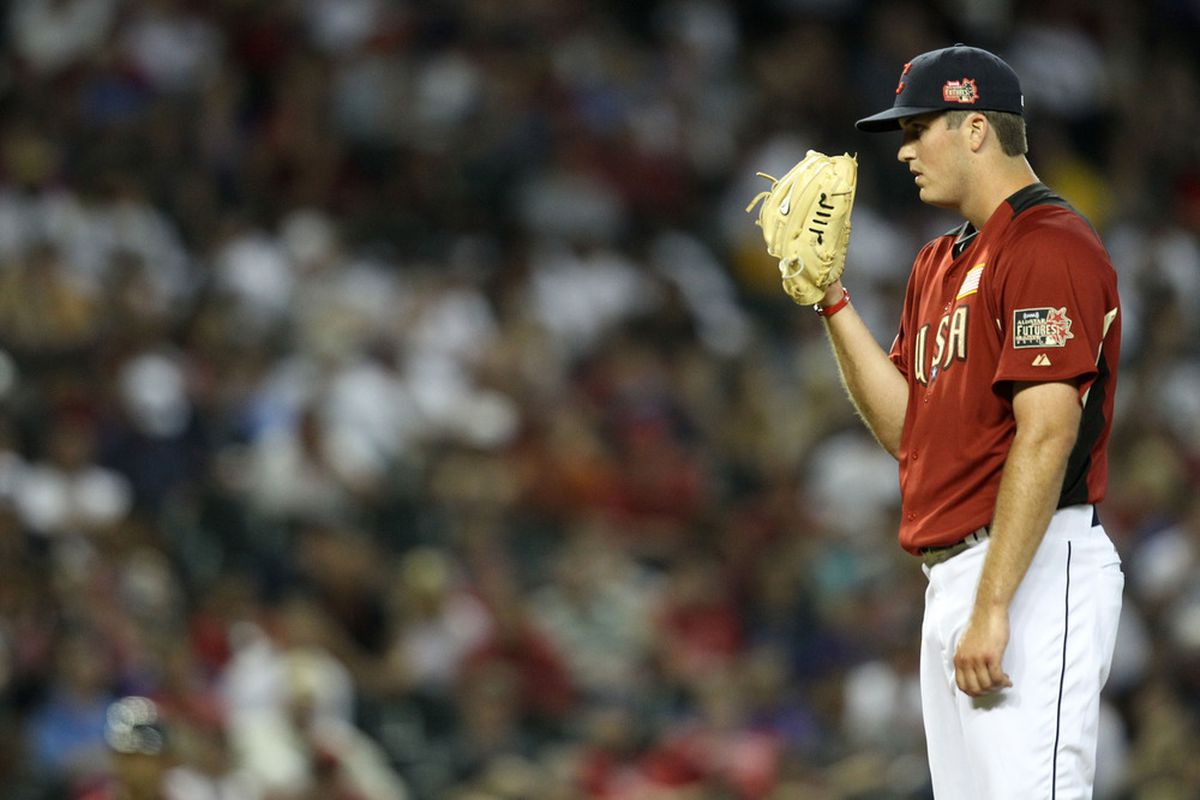 PHOENIX, AZ - JULY 10:  U.S. Futures All-Star Drew Pomeranz #51 of the Cleveland Indians looks for a signal during the 2011 XM All-Star Futures Game at Chase Field on July 10, 2011 in Phoenix, Arizona.  (Photo by Christian Petersen/Getty Images)