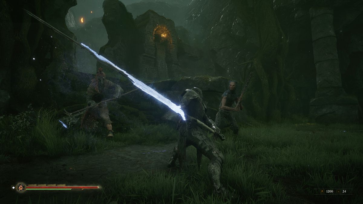 An armored warrior attacks a pair of enemies with a glowing sword