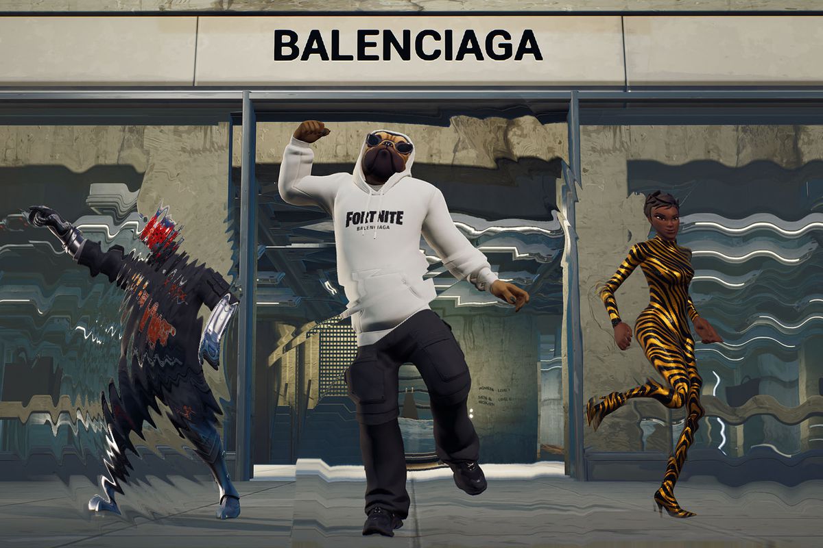 a pug from Fortnite wearing a white hoodie in front of a Balenciaga storefront 