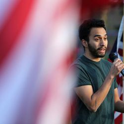 Jeremy Reynoso speaks at the America is Great Rally in Liberty Park in Salt Lake City on Friday, March 18, 2016. 