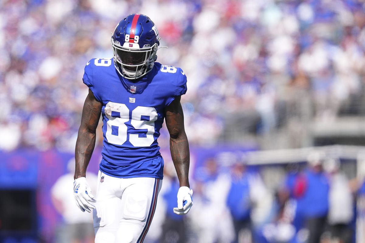 Kadarius Toney #89 of the New York Giants looks on against the Carolina Panthers at MetLife Stadium on September 18, 2022 in East Rutherford, New Jersey.