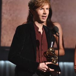 Beck accepts the award for album of the year for “Morning Phase” at the 57th annual Grammy Awards on Sunday, Feb. 8, 2015, in Los Angeles. 