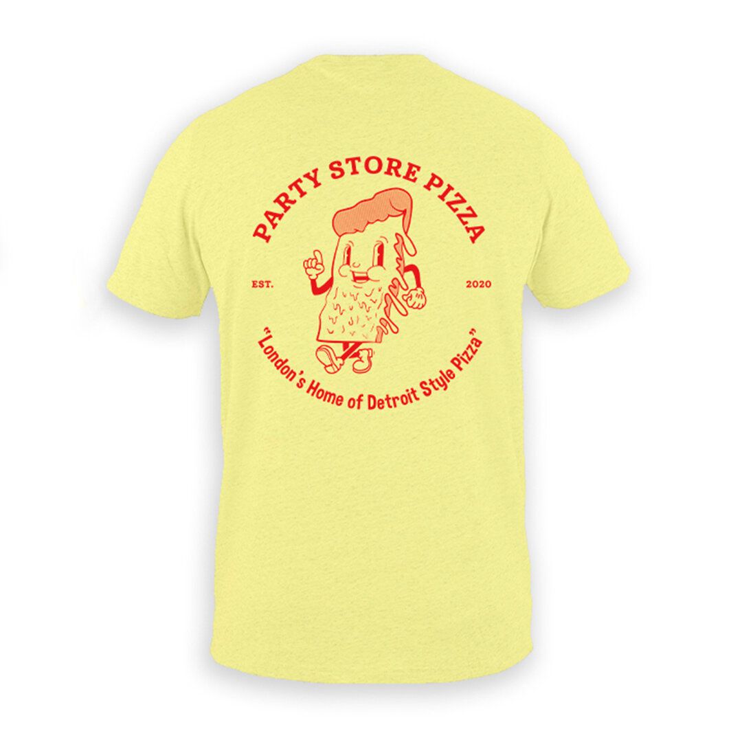A yellow T-shirt with a red Party Store Pizza logo.