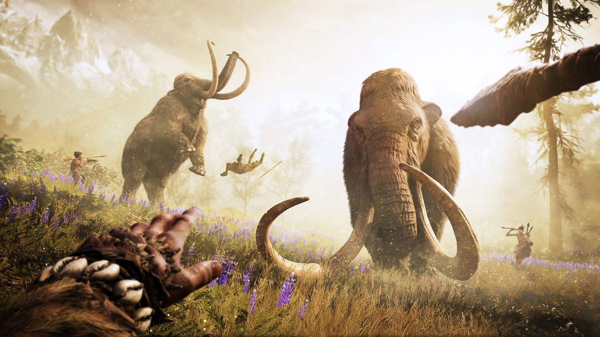Far Cry Primal-- player aims spear at a wooly mammoth in a grassland