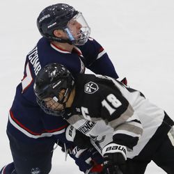 The UConn Huskies take on the Providence Friars in men’s college hockey game at Schneider Arena in Providence, RI on October 19, 2018.