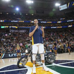 Utah Jazz center Rudy Gobert (27) thanks the fans before the game against the Golden State Warriors at Vivint Arena in Salt Lake City on Tuesday, April 10, 2018.