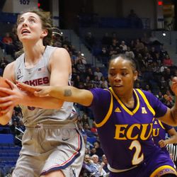 The ECU Pirates take on the UConn Huskies in a women’s college basketball game at the XL Center in Hartford, CT on February 6, 2019.
