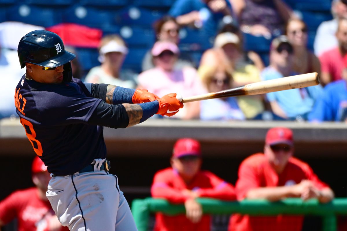 Javier Baez #28 of the Detroit Tigers hits an RBI double in the third inning against the Philadelphia Phillies during a Grapefruit League spring training game at BayCare Ballpark on March 30, 2022 in Clearwater, Florida.