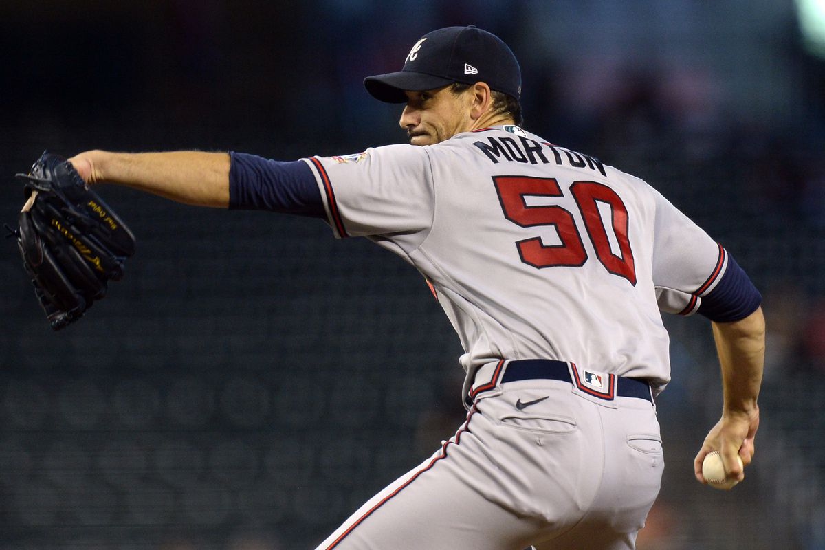 Atlanta Braves starting pitcher Charlie Morton (50) pitches against the Arizona Diamondbacks during the first inning at Chase Field.