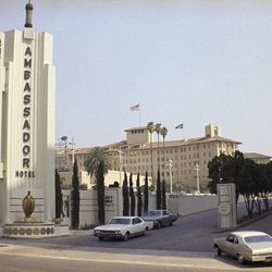 FILE - This June 28,1968, file photo, shows the main entrance to the Ambassador hotel in Los Angeles, Calif. The Ambassador Hotel, where presidents slept, Robert Kennedy was assassinated in 1968 and Mary Pickford collected her Oscar for best actress in 1930 is now the site of a public-school complex. 