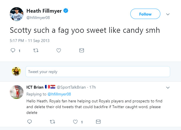 Heath Fillmyer made an offensive tweet. Another twitter user attempts to alert him to his peril.