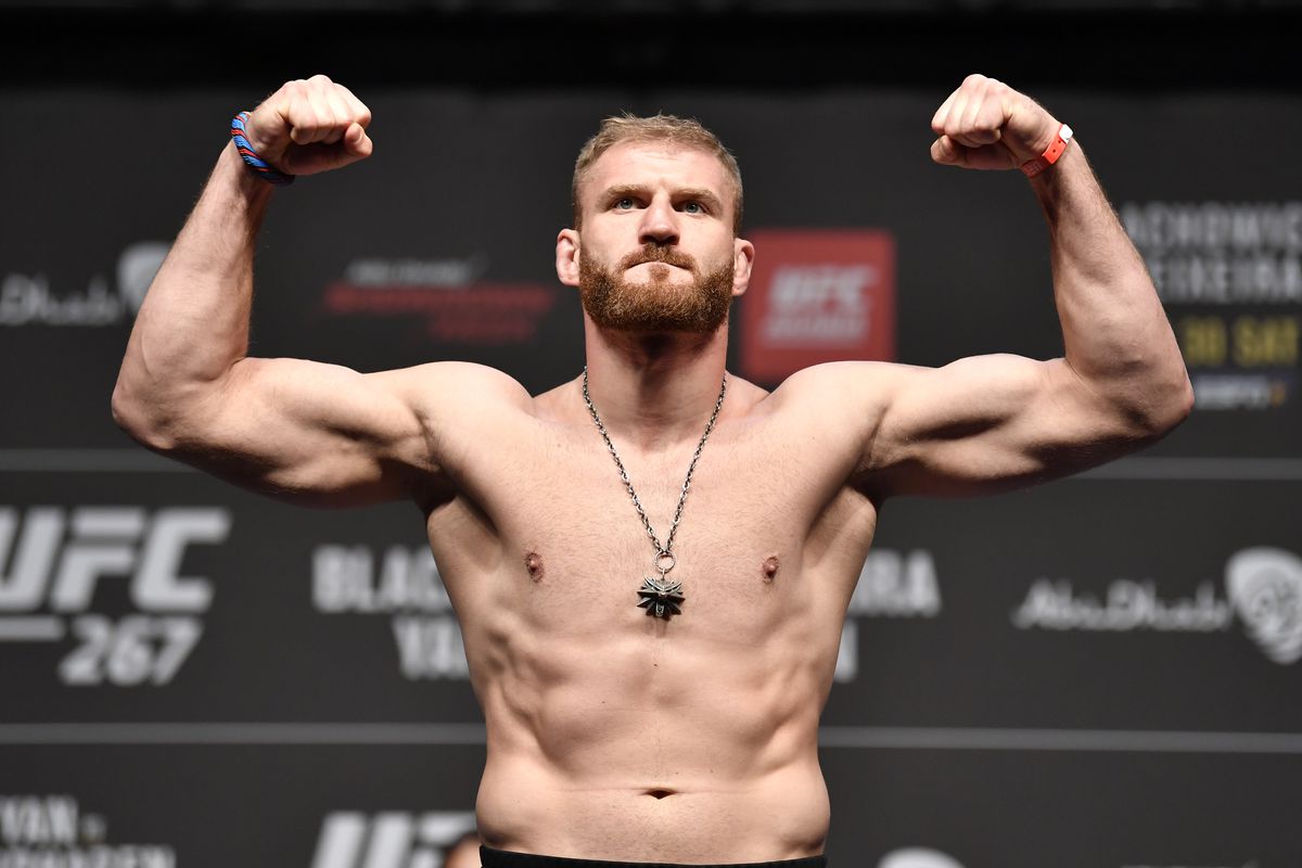 Jan Blachowicz of Poland poses on the scale during the UFC 267 ceremonial weigh-in at Etihad Arena on October 29, 2021 in Yas Island, Abu Dhabi, United Arab Emirates.