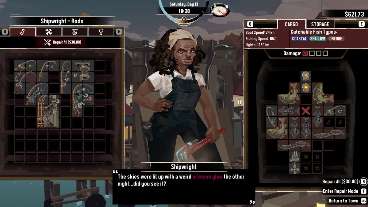 Una schermata di interfaccia di Dredge, in cui un maestro d'ascia parla al giocatore, con interfacce di inventario per gli oggetti sull'ascensore e un carico di pesci sulla destra.