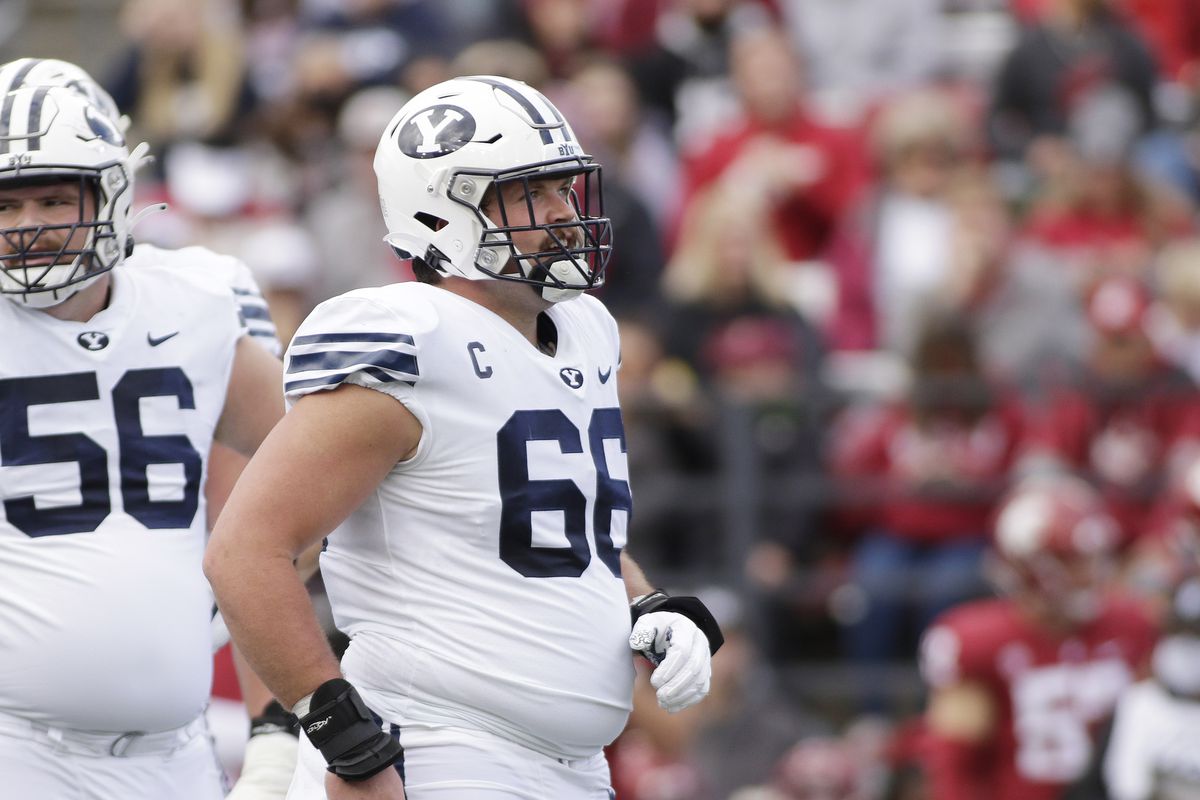 BYU offensive lineman James Empey stands on the field during game against Washington State, Oct. 23, 2021, in Pullman, Wash.