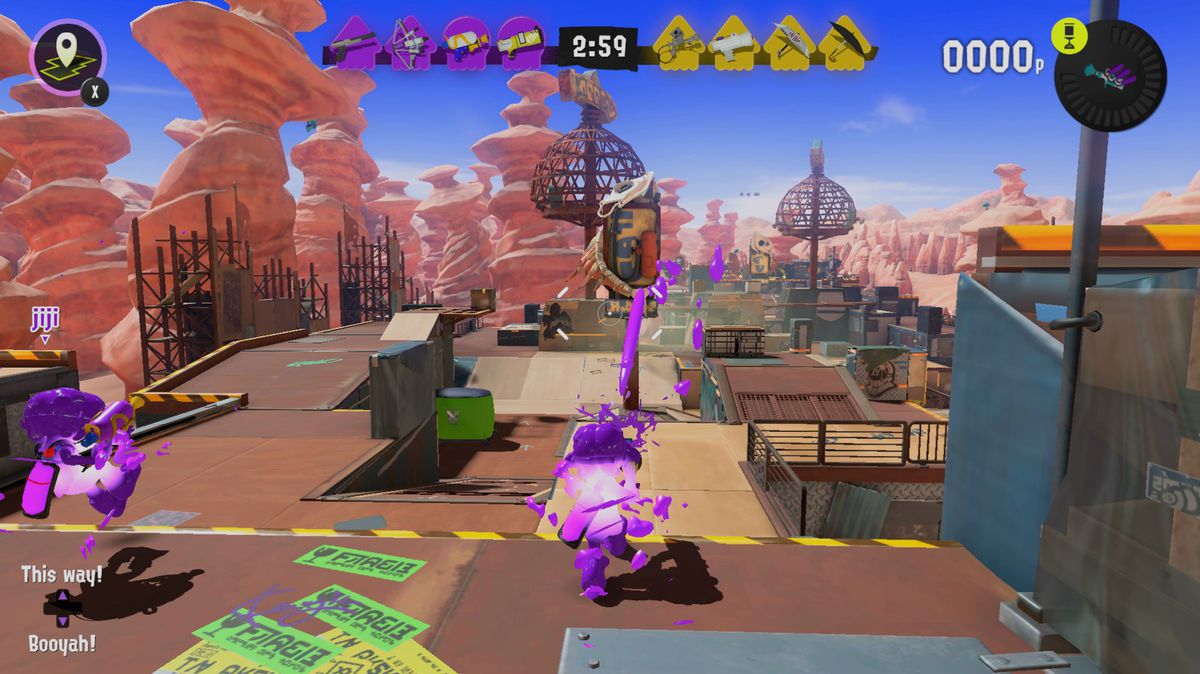 A purple-headed Octoling begins spraying paint forward immediately as the match begins.