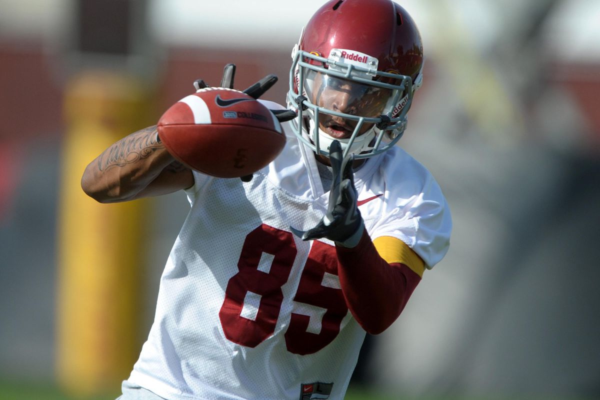 Former USC Trojans receiver Kyle Prater (85) catches a pass at spring practice at Howard Jones Field. Kirby Lee/Image of Sport-US PRESSWIRE