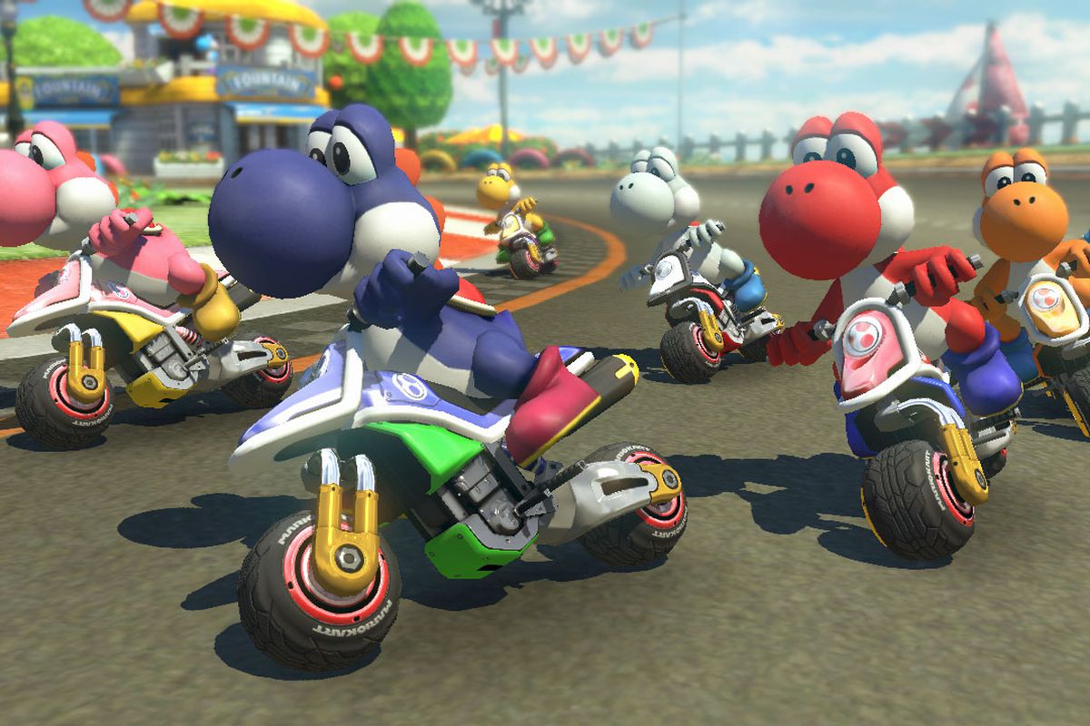 A band of Yoshis ride motorcycles in Mario Kart 8 Deluxe