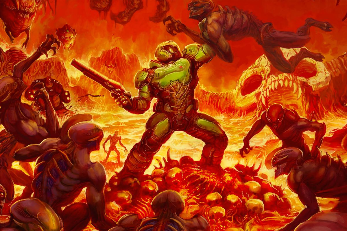 artwork of the Doomguy fighting hordes of demons