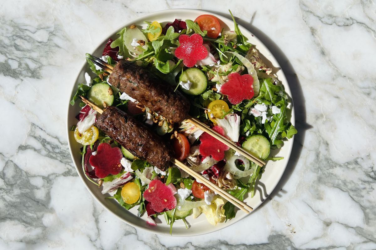 Lamb kebabs&nbsp;with radicchio and feta salad at Plant Food + Wine in Venice.