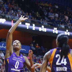 The Phoenix Mercury take on the Connecticut Sun in a WNBA game at Mohegan Sun Arena in Uncasville, CT on July 13, 2018.