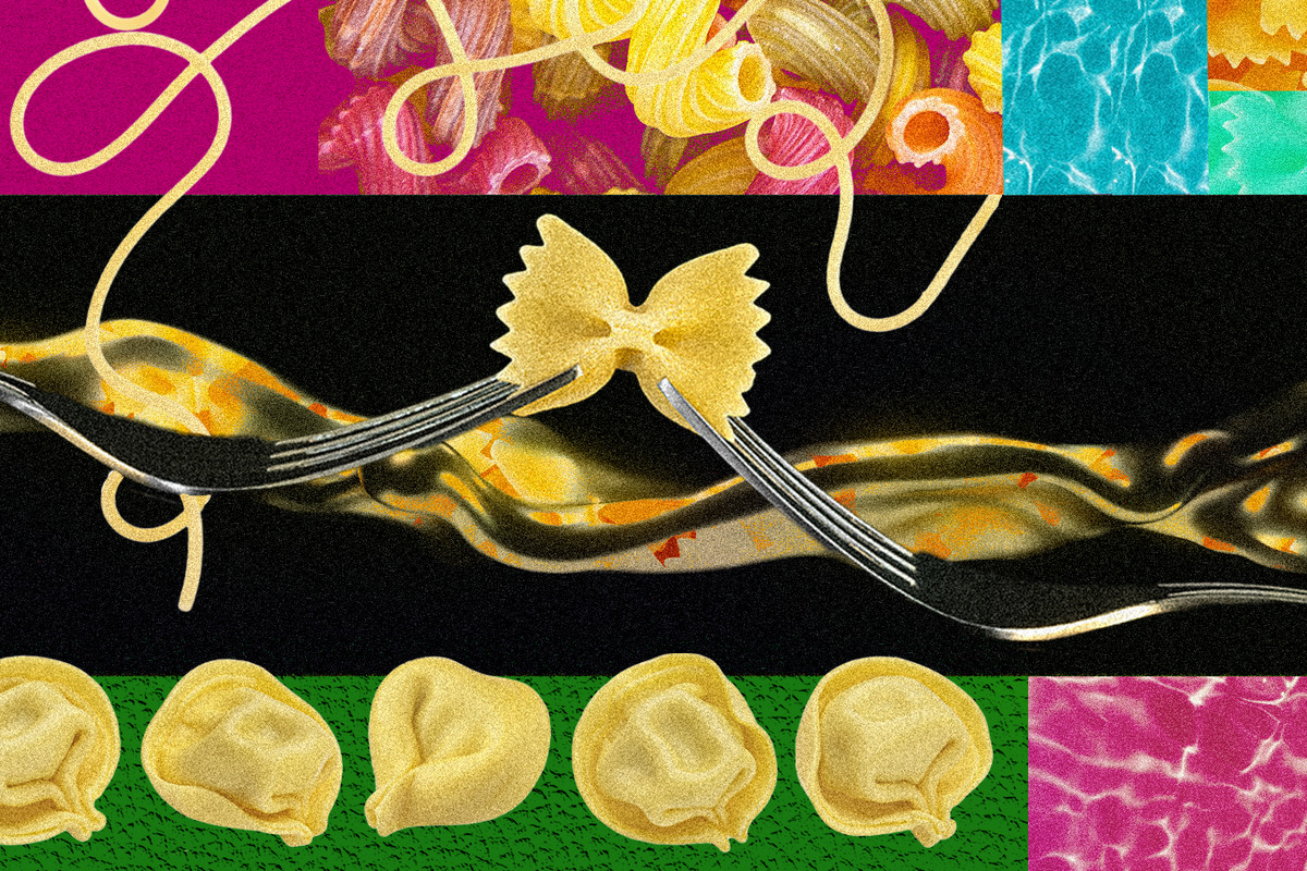An illustration of forks sharing a bowtie pasta and other pasta shapes 