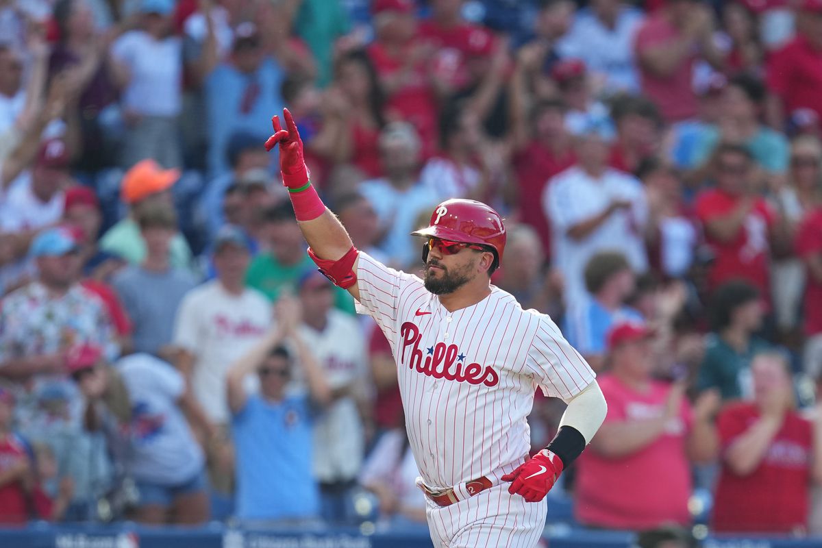 Kyle Schwarber of the Philadelphia Phillies reacts after hitting a three run home run in the bottom of the fourth inning against the Washington Nationals during Game One of the doubleheader at Citizens Bank Park on August 8, 2023 in Philadelphia, Pennsylvania.