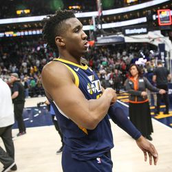 Utah Jazz guard Donovan Mitchell (45) leaves the court after the Jazz lost 97-94 to the Boston Celtics at Vivint Smart Home Arena in Salt Lake City on Wednesday, March 28, 2018.