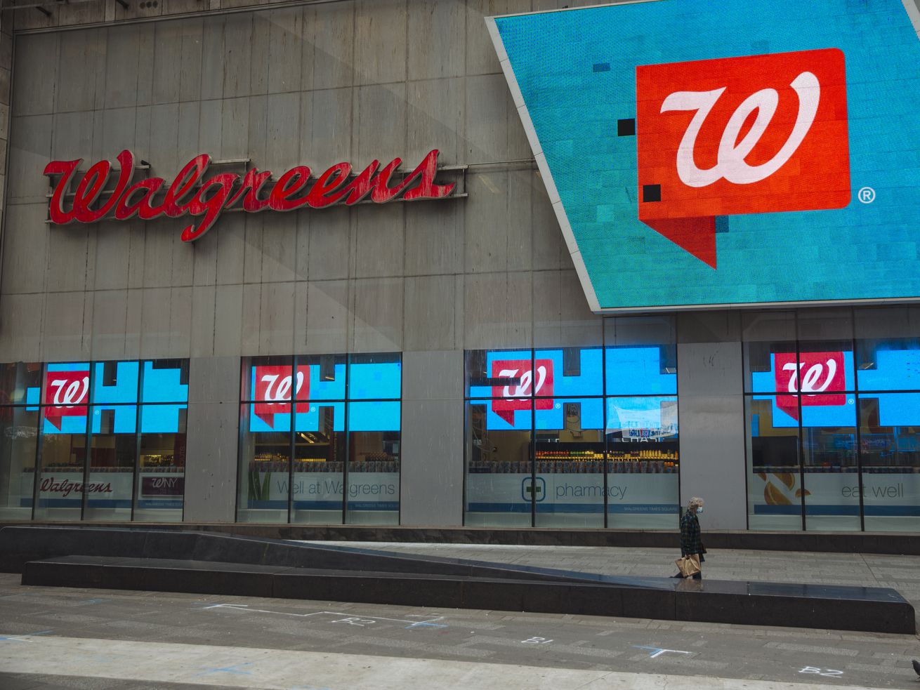 The exterior of a Walgreens store in Times Square, New York.