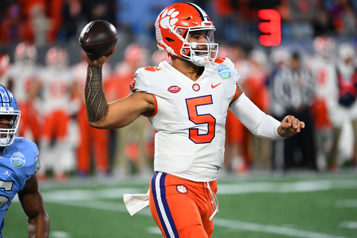 Clemson Tigers quarterback DJ Uiagalelei throws during the first quarter of the ACC Championship game against the North Carolina Tar Heels at Bank of America Stadium.