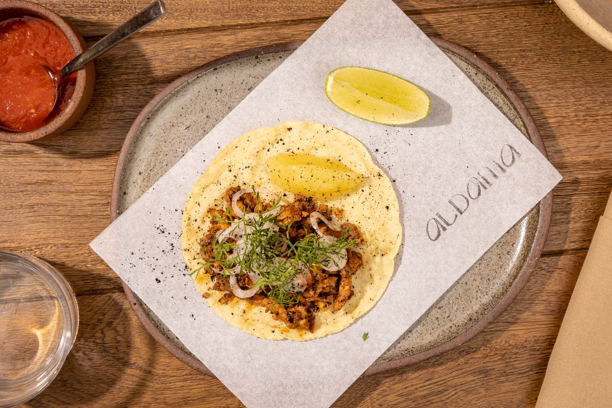 An overhead photograph of an al pastor taco from Aldama, a taqueria in Williamsburg, Brooklyn.
