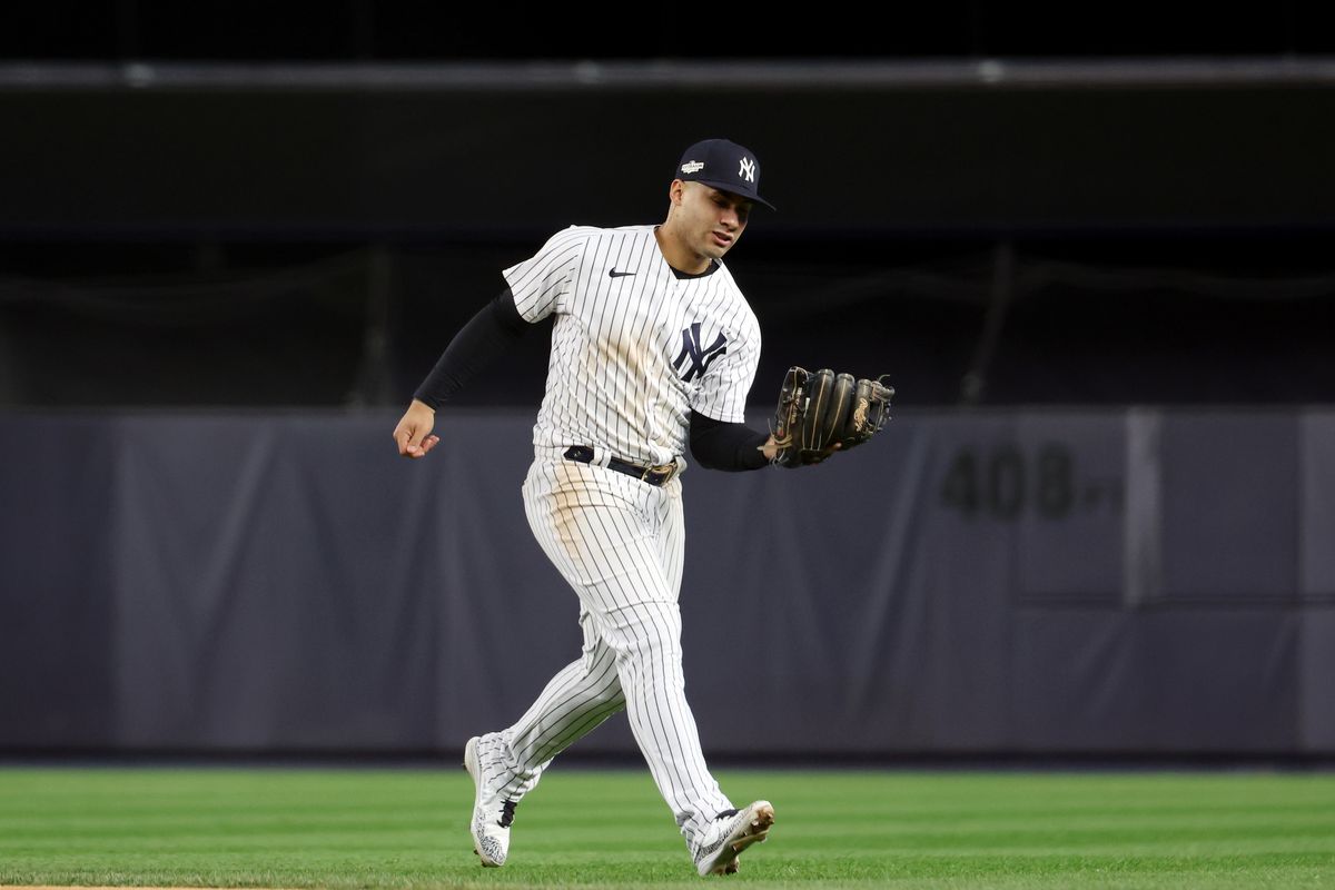 Gleyber Torres New York Yankees catches a pop-up during Game 4 of the ALCS between the Houston Astros and the New York Yankees at Yankee Stadium on Sunday, October 23, 2022 in New York, New York.