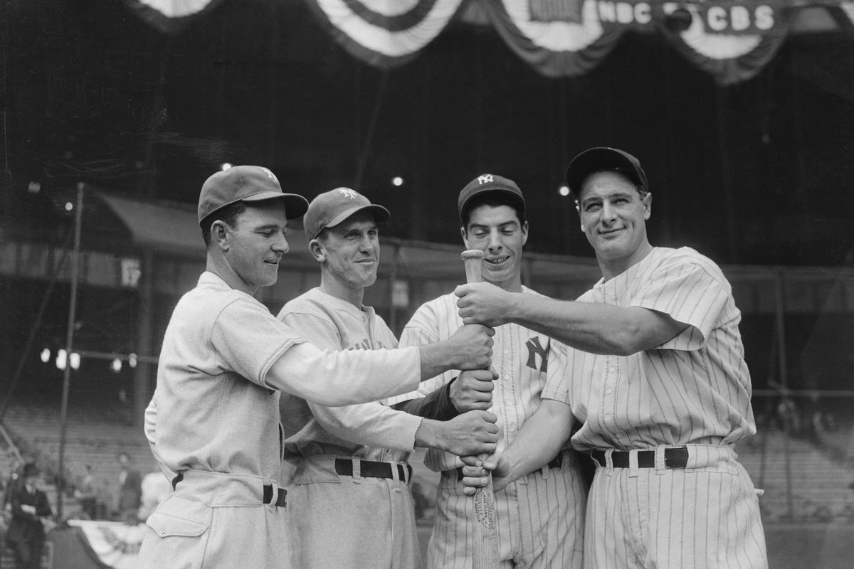 Mel Ott and Joe Moore with Joe DiMaggio and Lou Gehrig