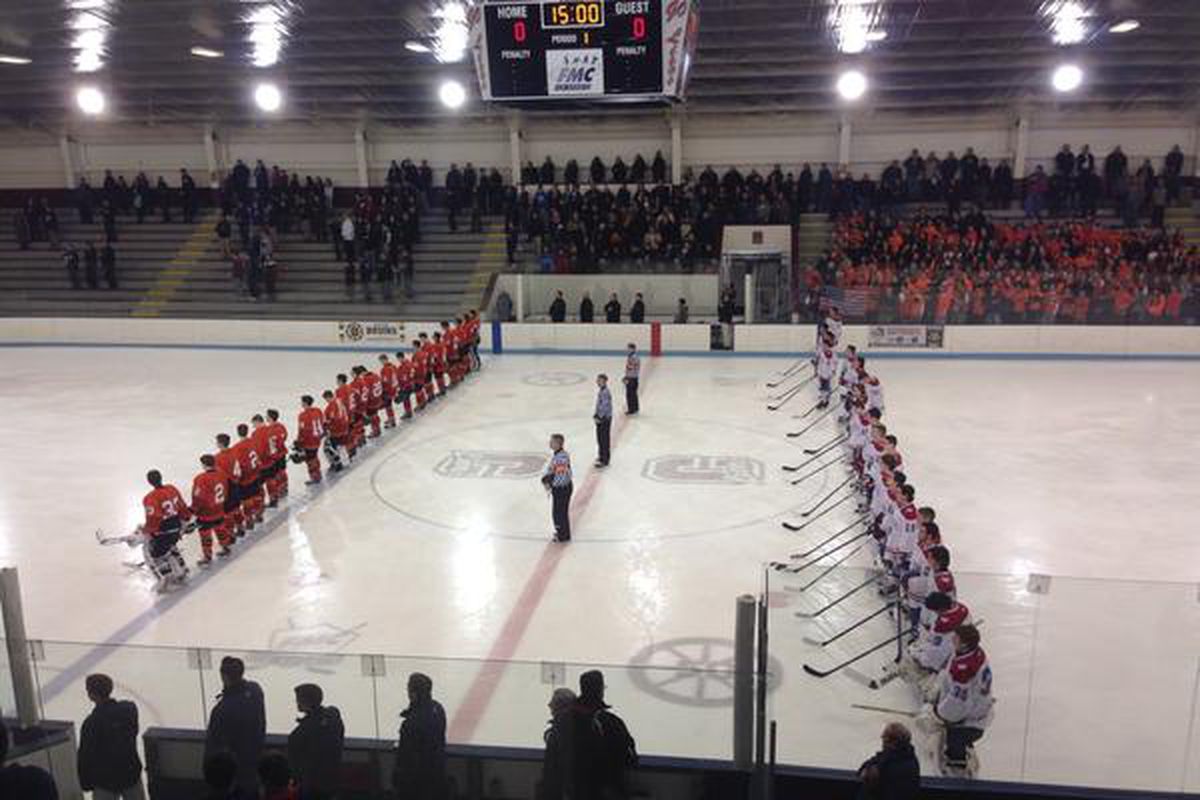 The 2015 MIAA Super 8 Play-in Game at Chelmsford Forum between Burlington and Woburn