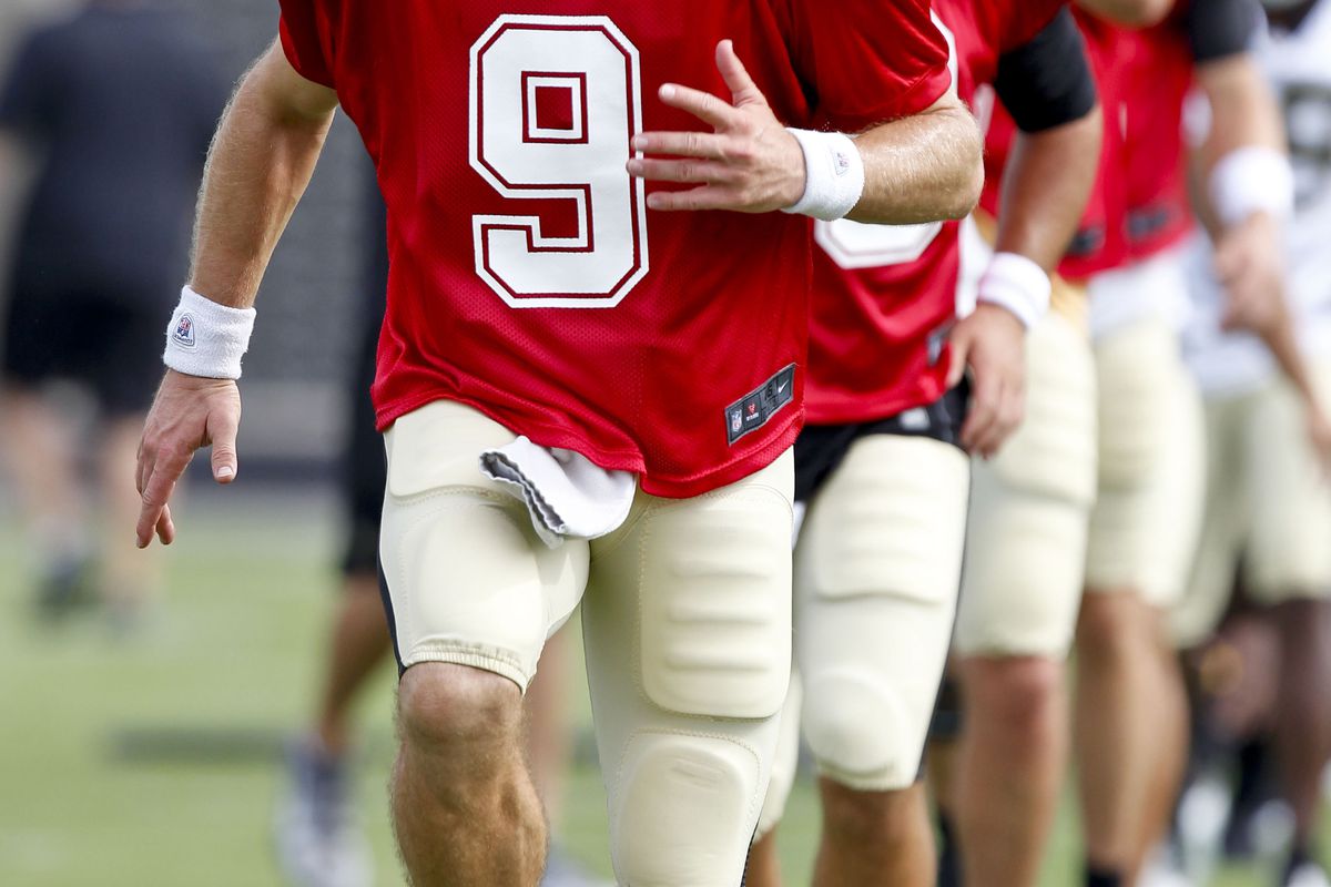 July 28, 2012; Metairie, LA, USA; New Orleans Saints quarterback Drew Brees (9) during a training camp practice at the team's practice facility. Mandatory Credit: Derick E. Hingle-US PRESSWIRE