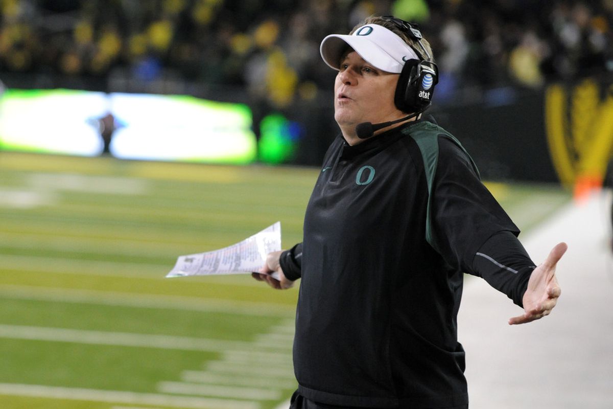 EUGENE, OR - NOVEMBER 19: Head coach Chip Kelly of the Oregon Ducks doesn't understand why his backside is getting warm. Will he be the sacrificial lamb necessary to appease the Great Emmert? (Photo by Steve Dykes/Getty Images)
