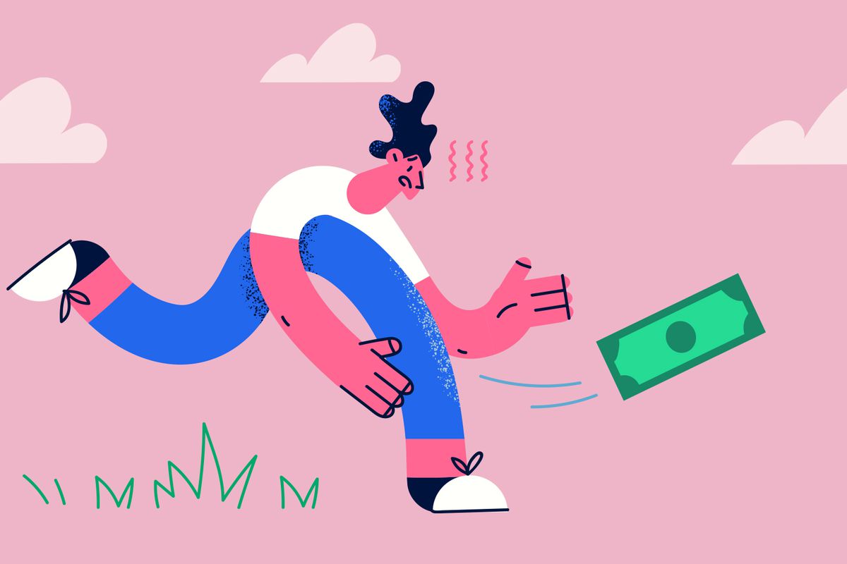 Cartoon of a person chasing a dollar bill that is blowing away.