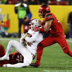 Indiana Hoosiers quarterback Richard Lagow (21) is hit by Utah defenders as the Utes and the Hoosiers play in the Foster Farms Bowl in Santa Clara, California, on Wednesday, Dec. 28, 2016.
